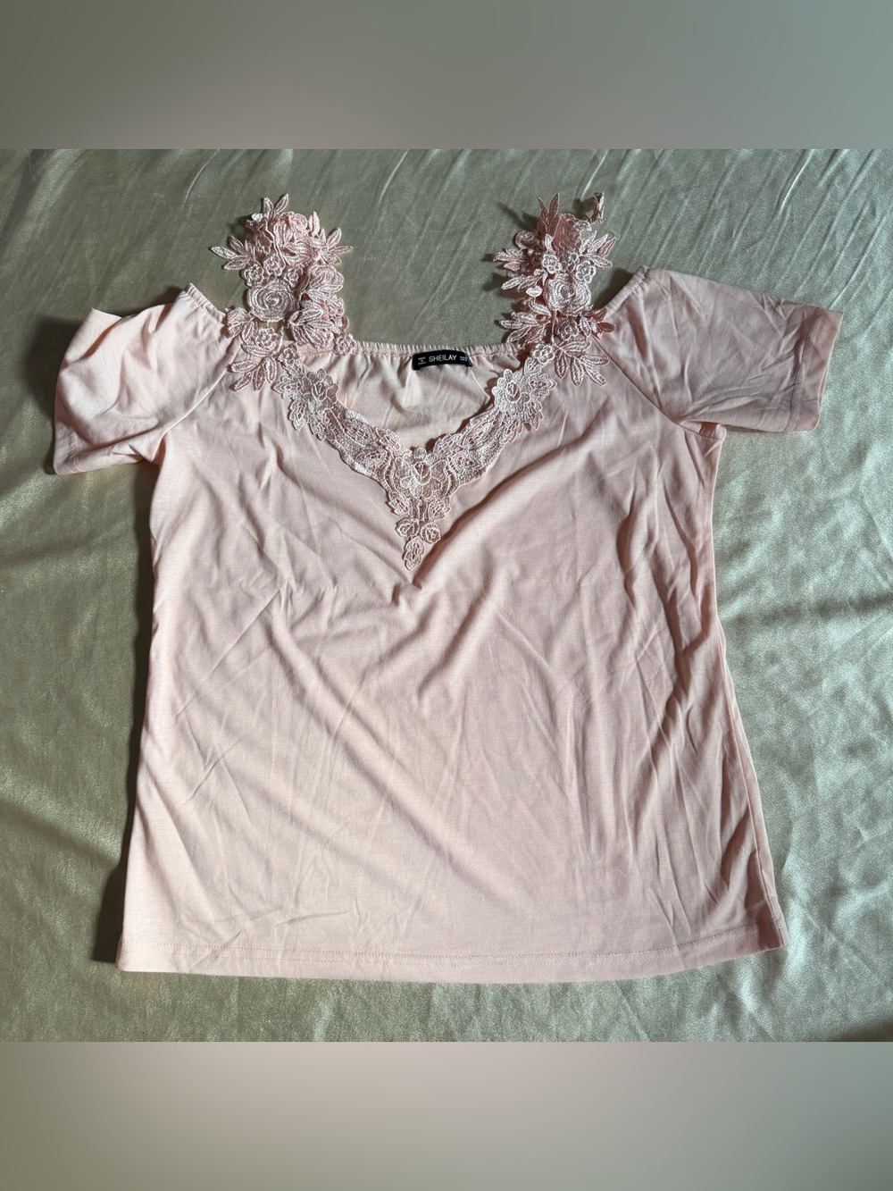 SHEILAY Women's Pink Lace Accent Square Neck Short Sleeve Knit Top Size M